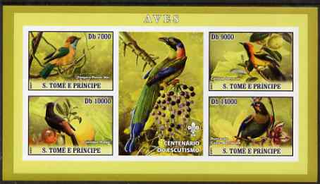 St Thomas & Prince Islands 2007 Birds #2 imperf sheetlet containing 4 values plus label (with Scout logo) unmounted mint , stamps on birds, stamps on scouts