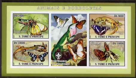 St Thomas & Prince Islands 2007 Animals & Butterflies #2 imperf sheetlet containing 4 values plus label (with Scout logo) unmounted mint , stamps on , stamps on  stamps on birds, stamps on  stamps on animals, stamps on  stamps on butterflies, stamps on  stamps on reptiles, stamps on  stamps on insects, stamps on  stamps on lizards, stamps on  stamps on scouts