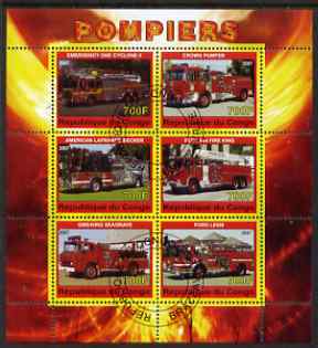 Congo 2007 Fire Engines #2 perf sheetlet containing 6 values fine cto used, stamps on , stamps on  stamps on fire
