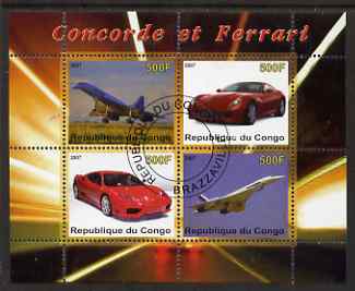 Congo 2007 Concorde & Ferrari perf sheetlet containing 4 values fine cto used, stamps on , stamps on  stamps on racing cars, stamps on  stamps on cars, stamps on  stamps on ferrari, stamps on  stamps on aviation, stamps on  stamps on concorde