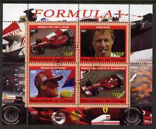 Congo 2007 Formula 1 perf sheetlet #2 containing 4 values fine cto used, stamps on racing cars, stamps on cars, stamps on ferrari, stamps on  f1 , stamps on ferrari, stamps on senna, stamps on schumacher, stamps on 