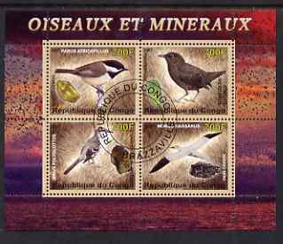 Congo 2007 Birds & Minerals #1 perf sheetlet containing 4 values fine cto used, stamps on birds, stamps on minerals