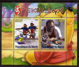 Benin 2007 Beijing Olympic Games #04 - Rowing (1) perf s/sheet containing 2 values (Disney characters in background) unmounted mint, stamps on sport, stamps on olympics, stamps on rowing, stamps on disney