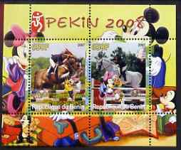 Benin 2007 Beijing Olympic Games #01 - Show Jumping (1) perf s/sheet containing 2 values (Disney characters in background) unmounted mint, stamps on sport, stamps on olympics, stamps on disney, stamps on horses, stamps on show jumping