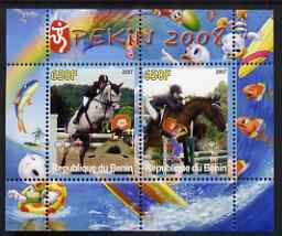 Benin 2007 Beijing Olympic Games #02 - Show Jumping (2) perf s/sheet containing 2 values (Disney characters in background) unmounted mint, stamps on , stamps on  stamps on sport, stamps on  stamps on olympics, stamps on  stamps on disney, stamps on  stamps on horses, stamps on  stamps on show jumping, stamps on  stamps on rainbows