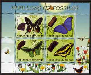 Congo 2007 Butterflies & Fossils #3 perf sheetlet containing 4 values fine cto used, stamps on butterflies, stamps on fossils, stamps on minerals