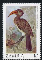 Zambia 1987 Birds - 1k Hornbill unmounted mint, SG 491, stamps on birds, stamps on herons