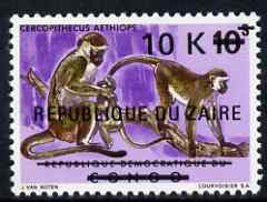 Zaire 1977 Surcharged 10k on 10s Monkeys unmounted mint, SG 897, stamps on apes, stamps on animals
