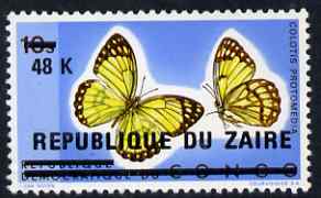 Zaire 1977 Surcharged 48k on 10s Butterflies unmounted mint, SG 903, stamps on butterflies