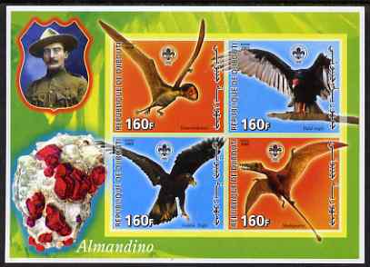 Djibouti 2005 Pre-historic Life #1 (Birds & Minerals) imperf sheetlet containing 4 values each with Scout Logo, unmounted mint, stamps on dinosaurs, stamps on birds, stamps on scouts, stamps on mineral