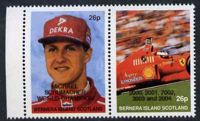 Bernera 2004 Michael Schumacher World Champion opt on 1997 se-tenant pair unmounted mint, stamps on cars, stamps on racing cars, stamps on personalities, stamps on  f1 , stamps on formula 1, stamps on tobacco, stamps on ferrari, stamps on motor sport, stamps on  oil , stamps on 