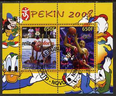 Benin 2007 Beijing Olympic Games #13 - Synch Swimming & Basketball perf s/sheet containing 2 values (Disney characters in background) fine cto used, stamps on sport, stamps on olympics, stamps on disney, stamps on swimming, stamps on basketball