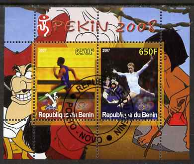 Benin 2007 Beijing Olympic Games #14 - Running & Gymnastics perf s/sheet containing 2 values (Disney characters in background) fine cto used, stamps on sport, stamps on olympics, stamps on disney, stamps on running, stamps on gymnastics