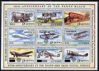 Guyana 1992 Anniversaries opt in black on sheetlet of 9 (150th Anniversary of Penny Black and Thurn & Taxis Postal Anniversary - Mail Planes & Trains) unmounted mint, stamps on postal, stamps on transport, stamps on aviation, stamps on railways, stamps on stamp exhibitions, stamps on zeppelins, stamps on airships, stamps on flying boats, stamps on olympics