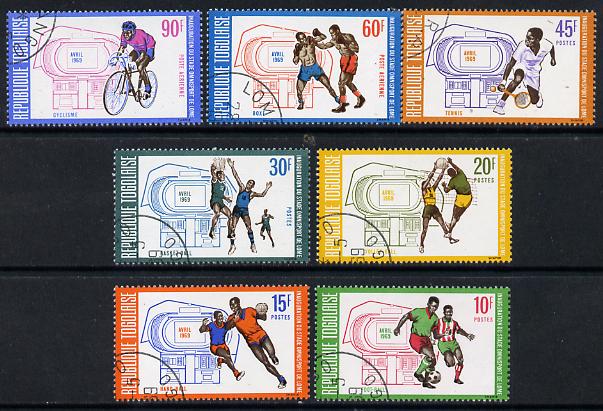 Togo 1969 Sports Stadium set of 7 cto used (Cycling, Football, Volleyball, Tennis, Boxing) SG 636-42, stamps on bicycles  boxing  football  sport  tennis   volleyball   basketball    civil engineering
