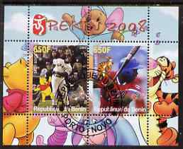 Benin 2007 Beijing Olympic Games #16 - Baseball (4) perf s/sheet containing 2 values (Bonds & Linares with Disney characters in background) fine cto used, stamps on sport, stamps on olympics, stamps on disney, stamps on baseball, stamps on teddy bears