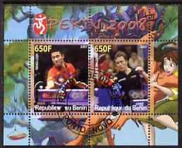 Benin 2007 Beijing Olympic Games #17 - Table Tennis perf s/sheet containing 2 values (Wang Liqin &Waldner with Disney characters in background) fine cto used, stamps on sport, stamps on olympics, stamps on disney, stamps on table tennis