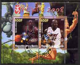 Benin 2007 Beijing Olympic Games #20 - Basketball perf s/sheet containing 2 values (Jordan & Oneil with Disney characters in background) fine cto used, stamps on sport, stamps on olympics, stamps on disney, stamps on basketball
