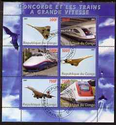 Congo 2007 Railways & Concorde perf sheetlet containing 6 values fine cto used, stamps on , stamps on  stamps on railways, stamps on  stamps on aviation, stamps on  stamps on concorde