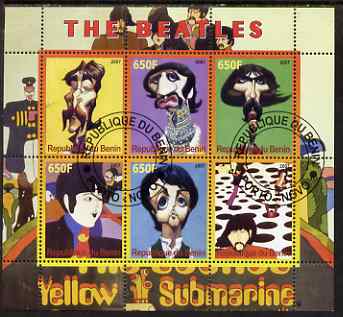 Benin 2007 The Beatles - Yellow Submarine perf sheetlet containing 6 values fine cto used, stamps on personalities, stamps on music, stamps on pops, stamps on rock, stamps on beatles