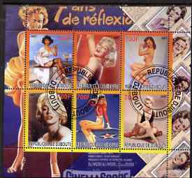 Djibouti 2007 Pin-ups (Marilyn Monroe) perf sheetlet containing 6 values fine cto used, stamps on personalities, stamps on women, stamps on films, stamps on cinema, stamps on movies, stamps on marilyn, stamps on  monroe, stamps on pin-ups