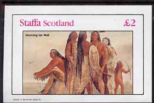Staffa 1982 N American Indians #05 imperf deluxe sheet (Â£2 value - Deceiving the Wolf) unmounted mint, stamps on cultures, stamps on indians, stamps on americana, stamps on wild west, stamps on dogs