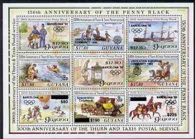 Guyana 1992 Anniversaries opt in black (Barcelona Olympics, Space Station & Europa) on sheetlet of 9 (150th Anniversary of Penny Black and Thurn & Taxis Postal Anniversary - Mail Carriers) unmounted mint, stamps on olympics, stamps on postal, stamps on transport, stamps on europa, stamps on mail coaches, stamps on postman, stamps on postbox, stamps on ships, stamps on horses, stamps on balloons, stamps on paddle steamers, stamps on 