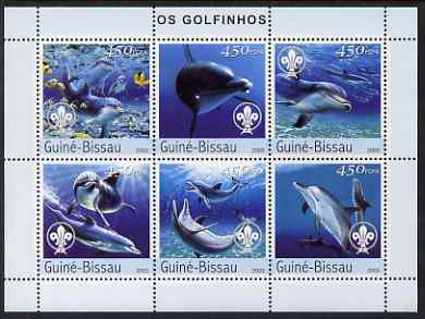 Guinea - Bissau 2003 Dolphins perf sheetlet containing 6 x 450 values (each with Scout Logo) unmounted mint  Mi 2584-89, stamps on dolphins, stamps on animals, stamps on marine life, stamps on scouts