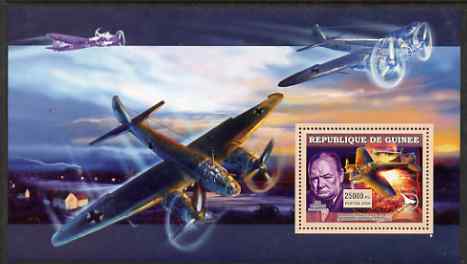 Guinea - Conakry 2006 Military Aircraft & Personalities perf s/sheet #3 containing 1 value (Churchill & Heinkel) unmounted mint , stamps on personalities, stamps on aviation, stamps on  ww2 , stamps on churchill, stamps on heinkel, stamps on london, stamps on 