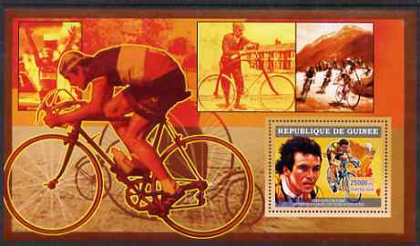 Guinea - Conakry 2006 Cycling perf s/sheet #4 containing 1 value (Bernard Hinault) unmounted mint , stamps on sport, stamps on bicycles, stamps on maps