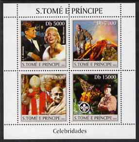 St Thomas & Prince Islands 2004 Celebrities perf sheetlet containing 4 values (JFK, Marilyn, Pope, Gandhi & Baden Powell) unmounted mint, Mi 2511-14, stamps on personalities, stamps on kennedy, stamps on usa presidents, stamps on marilyn monroe, stamps on pope, stamps on religion, stamps on gandhi, stamps on scouts