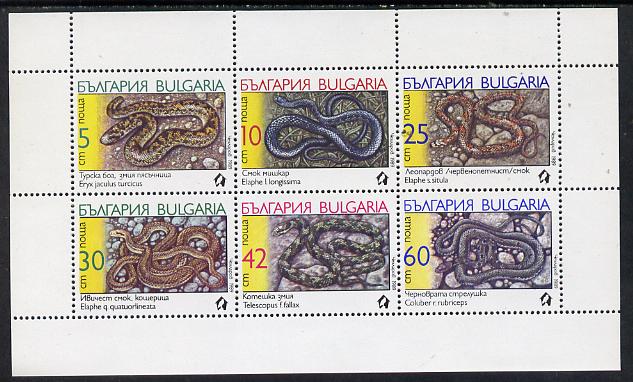 Bulgaria 1989 Snakes sheetlet containing set of 6 SG 3638-43 (Mi 3784-89), stamps on animals   reptiles     snakes, stamps on snake, stamps on snakes, stamps on 