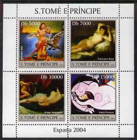 St Thomas & Prince Islands 2004 Spanish Paintings perf sheetlet containing 4 values unmounted mint, Mi 2559-62, stamps on arts, stamps on dali, stamps on goya, stamps on velasquex, stamps on picasso, stamps on nudes