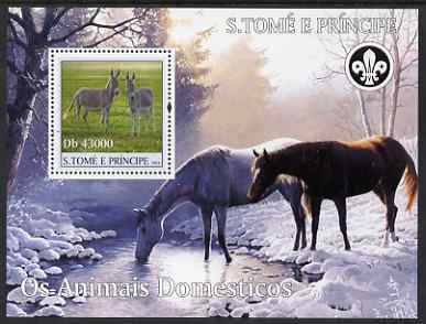 St Thomas & Prince Islands 2004 Domestic Animals perf s/sheet containing 1 value with Scout Logo unmounted mint  Mi BL 513, stamps on animals, stamps on scouts, stamps on horses, stamps on donkeys