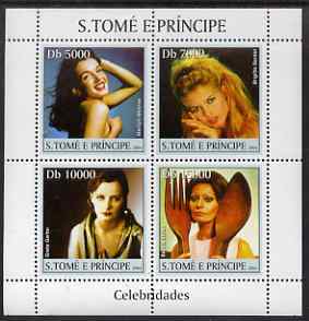 St Thomas & Prince Islands 2004 Celebrities (Actresses) perf sheetlet containing 4 values unmounted mint, Mi 2653-56 (Marilyn, Brigette, Greta Garbo & Sophia Loren), stamps on personalities, stamps on women, stamps on films, stamps on cinema, stamps on movies, stamps on marilyn monroe, stamps on 