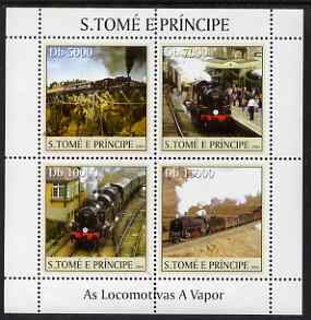 St Thomas & Prince Islands 2004 Steam Locomotives perf sheetlet containing 4 values unmounted mint, Mi 2629-32, stamps on railways