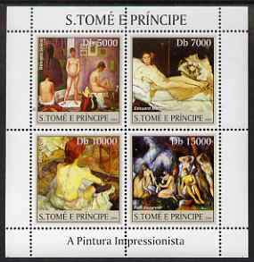 St Thomas & Prince Islands 2004 Impressionist Nude Paintings perf sheetlet #1 containing 4 values unmounted mint, Mi 2691-94, stamps on arts, stamps on nudes, stamps on degas, stamps on seurat, stamps on manet, stamps on cezanne