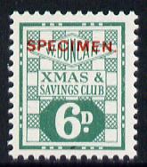Cinderella - Great Britain Bradbury Wilkinson 6d Christmas & Savings Club label in green for Messrs W Duncan, unmounted mint optd SPECIMEN, ex BW archives (blocks pro-rat..., stamps on christmas      cinderella      banking