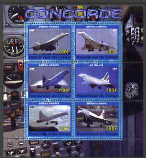 Congo 2007 Concorde perf sheetlet containing 6 values unmounted mint, stamps on aviation, stamps on concorde