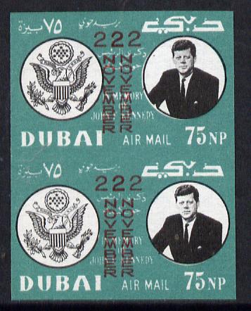 Dubai 1964 Kennedy Death Anniversary (22 Nov) 75np unmounted mint imperf pair with overprint doubled (as SG 133)*, stamps on kennedy  personalities    death