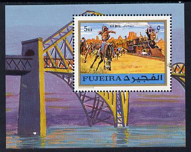 Fujeira 1971 Trains (Indians attacking train with Bridge in background) m/sheet unmounted mint (Mi BL 46A) , stamps on bridges    railways    civil engineering    indians   americana, stamps on wild west
