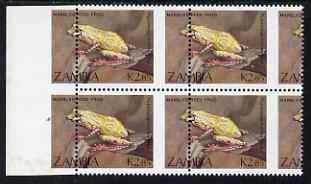 Zambia 1989 Reed Frog 2k85 marginal block of 4 from left of the sheet with superb 10mm misplacement of perforations, (misplaced design in margin) unmounted mint SG 569var, stamps on animals, stamps on amphibians, stamps on frogs