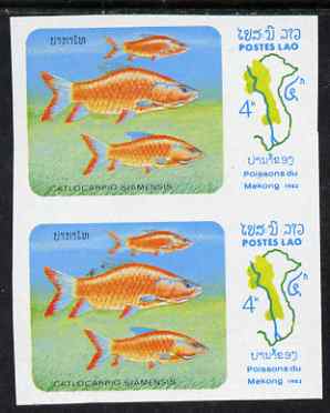 Laos 1983 Fish of Meking River 4k Giant Barb imperf pair unmounted mint SG 671var, stamps on fish