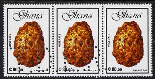 Ghana 1991 minerals 80c Bauxite Ore strip of 3 with part perfin T.D.L.R. SPECIMEN (Note: blocks of 6 would be required to show the full perfin legend) unmounted mint ex D..., stamps on minerals