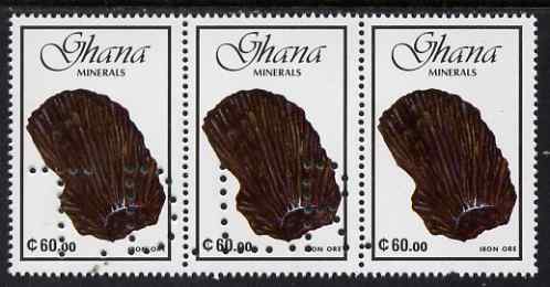 Ghana 1991 minerals 60c Iron Ore strip of 3 with part perfin T.D.L.R. SPECIMEN (Note: blocks of 6 would be required to show the full perfin legend) unmounted mint ex De L..., stamps on minerals