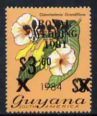 Guyana 1984 Surcharged $3.60 on $5 (black surch) on Royal Wedding overprint unmounted mint, SG 1360a, stamps on royalty, stamps on diana, stamps on charles, stamps on flowers