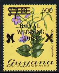 Guyana 1984 Surcharged 600c on $7.20 (black surch) on Royal Wedding overprint unmounted mint, SG 1351b, stamps on royalty, stamps on diana, stamps on charles, stamps on flowers