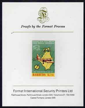 Barbuda 1974 Britten Norman & Map $2.50 imperf proof mounted on Format International proof card as SG 179, stamps on , stamps on  stamps on postal, stamps on  stamps on  upu , stamps on  stamps on aviation, stamps on  stamps on maps