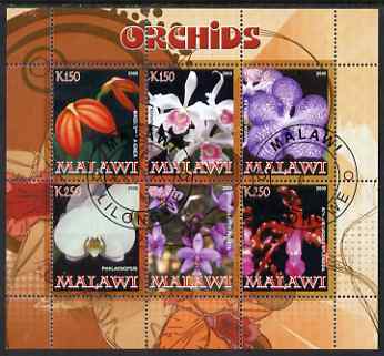 Malawi 2008 Orchids perf sheetlet containing 6 values fine cto used , stamps on flowers, stamps on orchids