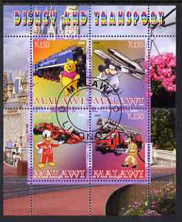 Malawi 2008 Disney & Transport perf sheetlet containing 4 values fine cto used, stamps on disney, stamps on transport, stamps on railways, stamps on aviation, stamps on shuttle, stamps on cars, stamps on  f1 , stamps on racing cars, stamps on formula 1, stamps on fire, stamps on bears